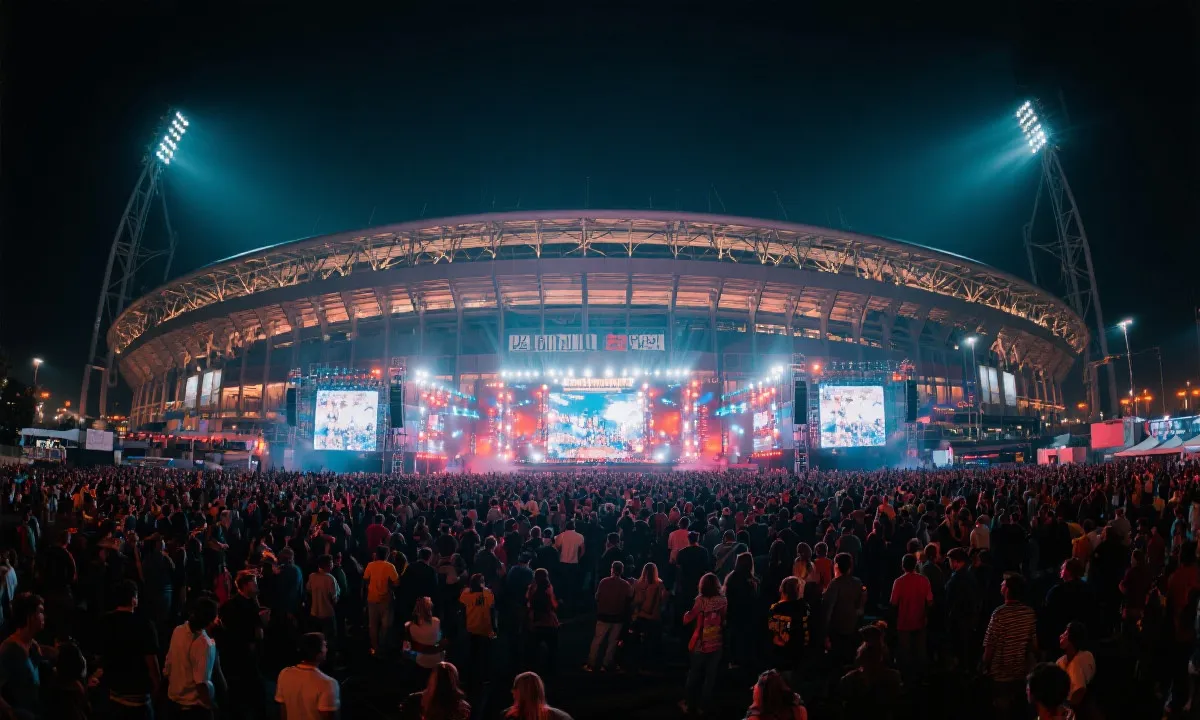 夜色中的北美大型球场外景，人潮与灯光形成热烈氛围