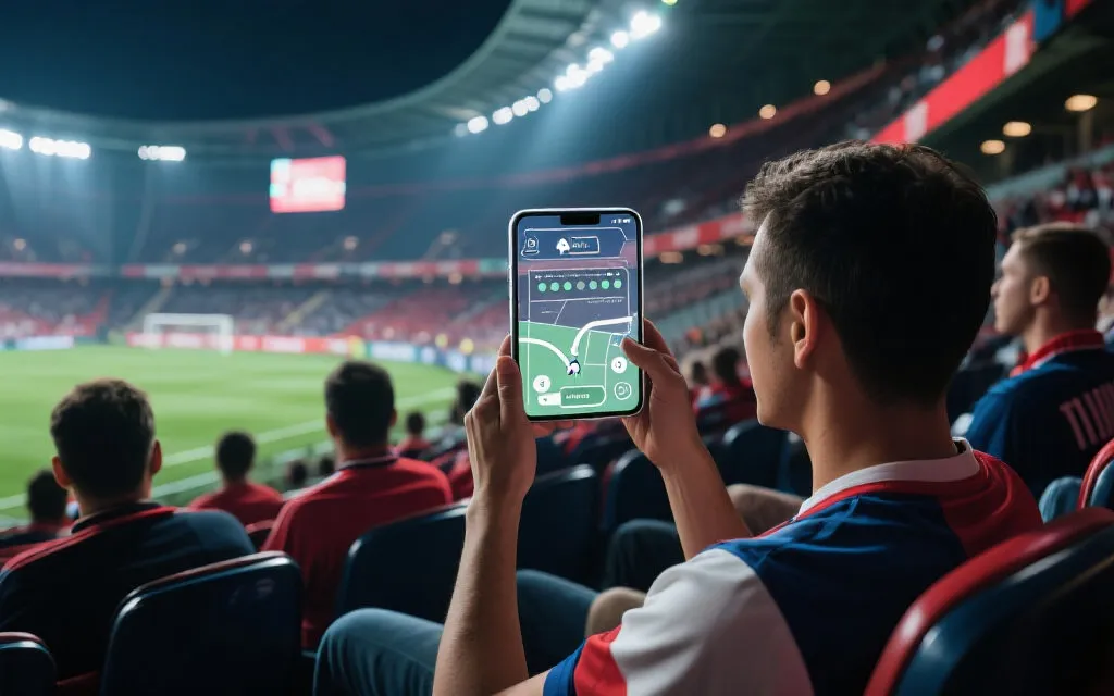 球迷在球场看台使用手机AR导览与实时数据叠加，可视化界面清晰